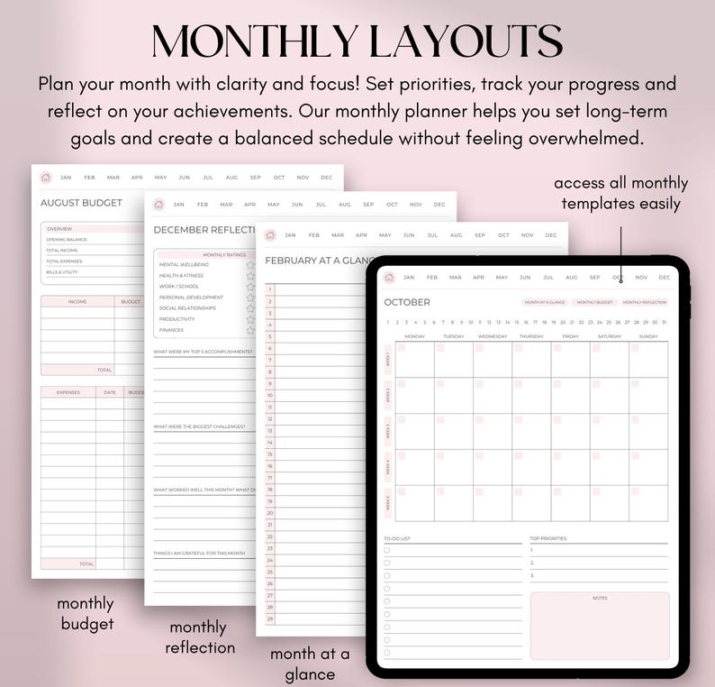 May include: A digital planner with monthly layouts, including a budget, reflection, and calendar pages. The planner is displayed on a tablet and includes the text "MONTHLY LAYOUTS". The pages are in shades of pink and white.