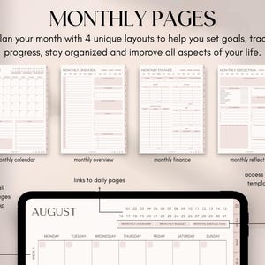 May include: Digital planner with monthly pages, including calendar, overview, finance, and reflection layouts. The text reads "MONTHLY PAGES" and "AUGUST". The planner is designed to help set goals, track progress, and stay organized.