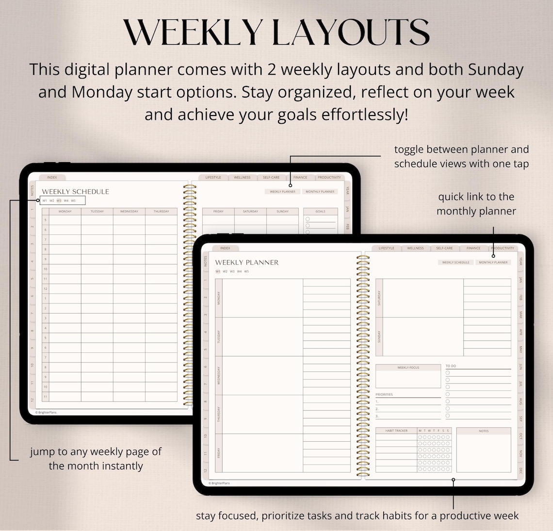 Digital Planner Undated, iPad & Android Planner, GoodNotes Calendar, Daily Weekly Monthly Journal with Stickers, iPad Planner for 2025 2026 image 5