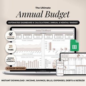 May include: A laptop, tablet, and smartphone display a digital annual budget spreadsheet. The text "Annual Budget" is at the top, with "Automated Dashboard & Calculations" below. Additional text includes "Updated Version," "21 Tabs," and "Works with Any Currency."