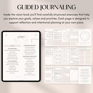 Może przedstawiać: Cyfrowy dziennik wizji zatytułowany "Guided Journaling". Obraz przedstawia indeks i przykładowe strony, z sekcjami dotyczącymi wizji, intencji i wewnętrznego rozwoju. Strony są beżowe z czarnym tekstem.