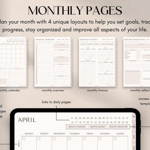 May include: Digital planner with "MONTHLY PAGES" title. Includes monthly calendar, overview, finance, and reflection layouts. The tablet displays an April calendar with links to daily pages and monthly templates. Text: "Plan your month with 4 unique layouts to help you set goals..."