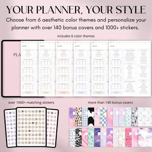 May include: Digital planner with six aesthetic color themes, over 140 bonus covers, and 1000+ stickers. The planner includes index pages and a variety of sticker designs. The covers feature watercolor and patterned designs.