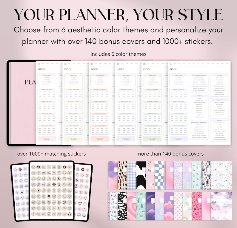 May include: Digital planner with six aesthetic color themes, over 140 bonus covers, and 1000+ stickers. The planner includes index pages and a variety of sticker designs. The covers feature watercolor and patterned designs.