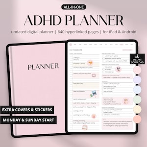 Könnte beinhalten: Ein digitaler ADHD-Planer für iPad und Android. Der Planer ist rosa und schwarz, mit dem Text "ADHD PLANNER" oben. Der Planer enthält zusätzliche Cover und Aufkleber sowie einen Start am Montag und Sonntag. Er hat 640 Hyperlink-Seiten.
