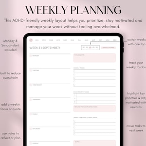 May include: Digital weekly planner with a pink and white layout. The planner includes sections for daily to-dos, high-priority tasks, and notes. Text on the planner reads "WEEKLY PLANNING" and "WEEK 3 | SEPTEMBER".