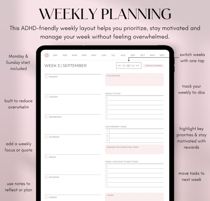 May include: Digital weekly planner with a pink and white layout. The planner includes sections for daily to-dos, high-priority tasks, and notes. Text on the planner reads "WEEKLY PLANNING" and "WEEK 3 | SEPTEMBER".