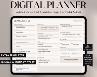 Può includere: Un'interfaccia di app di pianificatore digitale con uno schema di colori blu e bianco. L'app è aperta al 28 settembre e include un programma giornaliero, un elenco di cose da fare, un tracker dei pasti, un tracker dell'assunzione di acqua e una sezione per gli appunti. L'app include anche una sezione per modelli aggiuntivi, inclusi modelli di inizio di domenica e lunedì. L'app è progettata per dispositivi iPad e Android.