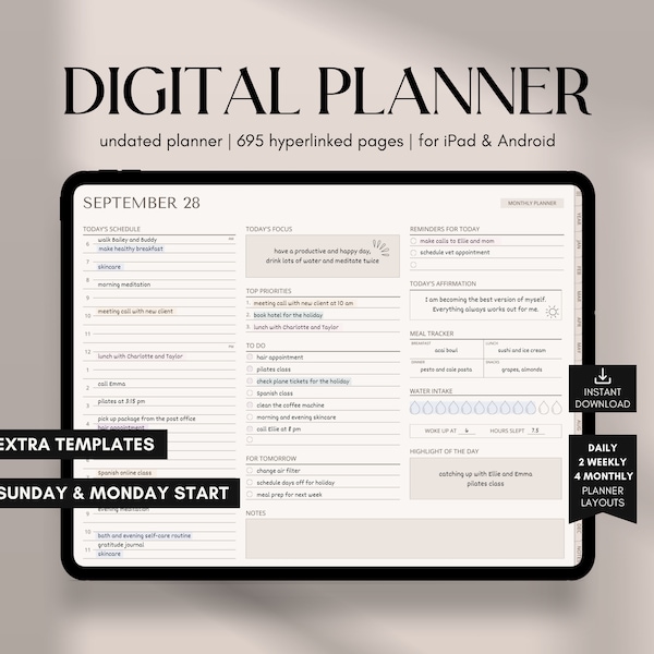 Digitaler Planer Undatiert, GoodNotes Planer, iPad & Android Planer, Digitaler Kalender, Täglich, Wöchentlich, Monatlich 2024 Undatiert Notability Planner