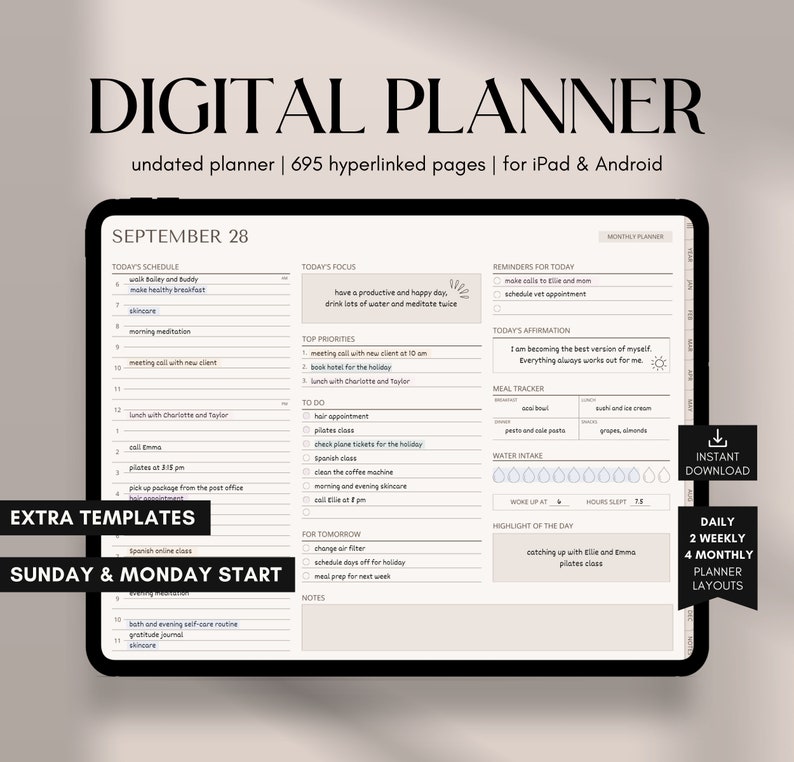 Planificador digital sin fecha, Planificador GoodNotes, Planificador para iPad y Android, Calendario digital, Diario, Semanal, Mensual 2024 Planificador de notabilidad sin fecha imagen 1