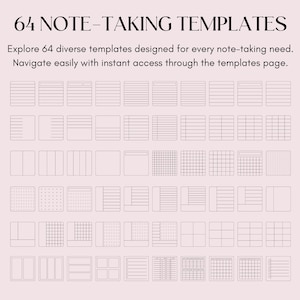 May include: A collection of 64 different note-taking templates. The templates are designed for various note-taking needs. The templates are displayed in a grid format.