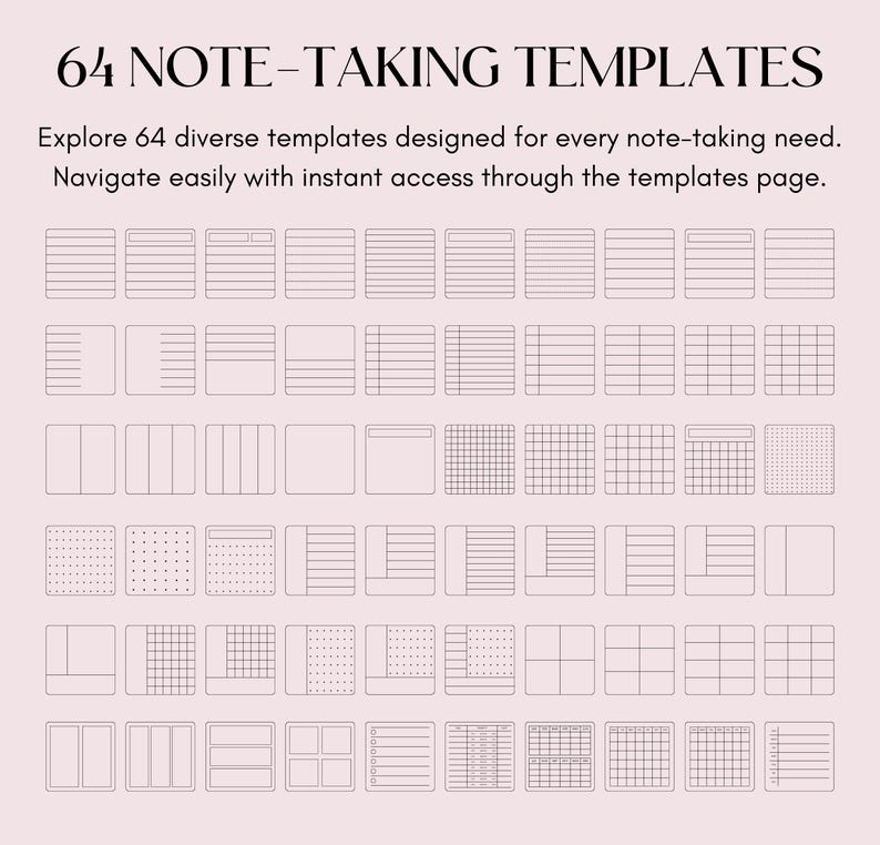 May include: A collection of 64 different note-taking templates. The templates are designed for various note-taking needs. The templates are displayed in a grid format.