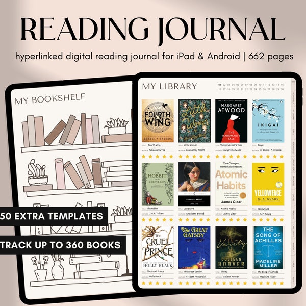 Digitales Lesetagebuch, digitaler Buch-Tracker für GoodNotes, digitales Leseprotokoll für iPad und Android, digitales Bücherregal, Porträt-Leseplaner