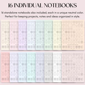 May include: A set of 16 printable notebook pages with different grid layouts. Each page is a different neutral color. The text on the page reads "16 INDIVIDUAL NOTEBOOKS" and "16 standalone notebooks also included, each in a unique neutral color. Perfect for keeping projects, notes and ideas organized in style."