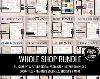 May include: A collection of digital planners, journals, and notebooks displayed on tablets. The image includes a variety of templates, such as student, reading, self-care, and budget planners. The text reads "WHOLE SHOP BUNDLE" with lifetime access.
