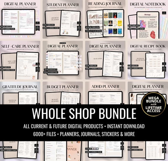 Digital Planner Whole Shop Bundle, GoodNotes Calendar, iPad & Android Digital Notebooks, Journals, ADHD Planner, Digital Stickers, 2025 2026