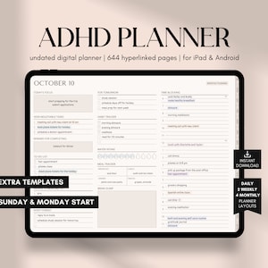 Könnte beinhalten: Ein digitaler Planer für iPad und Android mit dem Titel "ADHD PLANNER" und dem Datum "OCTOBER 10". Der Planer enthält Abschnitte für tägliche Aufgaben, Gewohnheitsverfolgung, Mahlzeitenverfolgung, Wasseraufnahme, Zeitblockierung und einen Gehirnauszug. Er enthält auch einen Abschnitt für "EXTRA TEMPLATES" und einen Abschnitt für "SUNDAY & MONDAY START".
