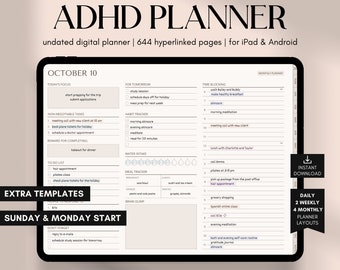 Puede incluir: Un planificador digital para iPad y Android con el título "ADHD PLANNER" y la fecha "OCTOBER 10". El planificador incluye secciones para tareas diarias, seguimiento de hábitos, seguimiento de comidas, ingesta de agua, bloqueo de tiempo y un volcado de cerebro. También incluye una sección para "EXTRA TEMPLATES" y una sección para "SUNDAY & MONDAY START".