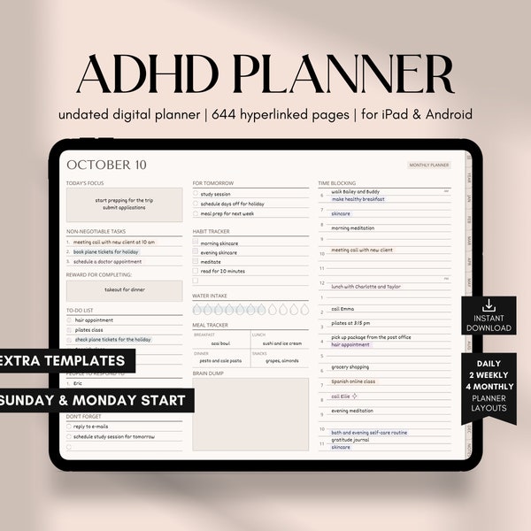 ADHD Digital Planner, Undated ADHD Planner, iPad & Android Digital Planner, GoodNotes Calendar, Adult ADHD Daily Weekly Monthly Journal 2024