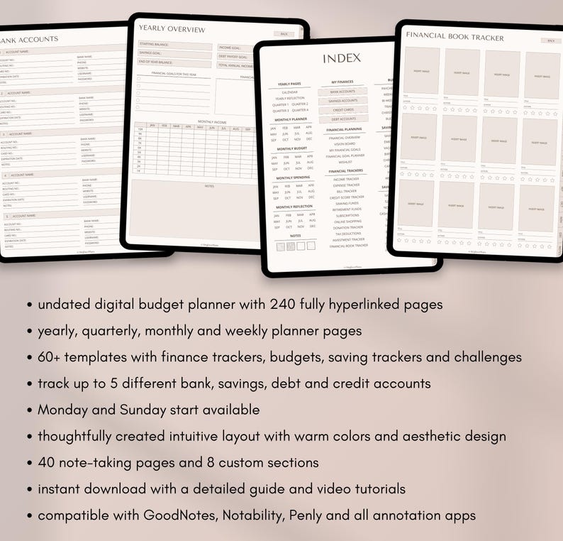 May include: Digital budget planner displayed on tablets. The planner includes yearly, quarterly, monthly, and weekly pages. It features finance trackers, budgets, and saving trackers. The planner is undated and has 240 hyperlinked pages. It is compatible with GoodNotes and other annotation apps.