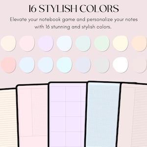 May include: A set of 16 colorful notebook covers with different patterns, including lined, grid, and dotted. The covers are displayed in a row with a circle of each color above them. The text "16 STYLISH COLORS" is at the top of the image.  "Elevate your notebook game and personalize your notes with 16 stunning and stylish colors." is below the color circles.