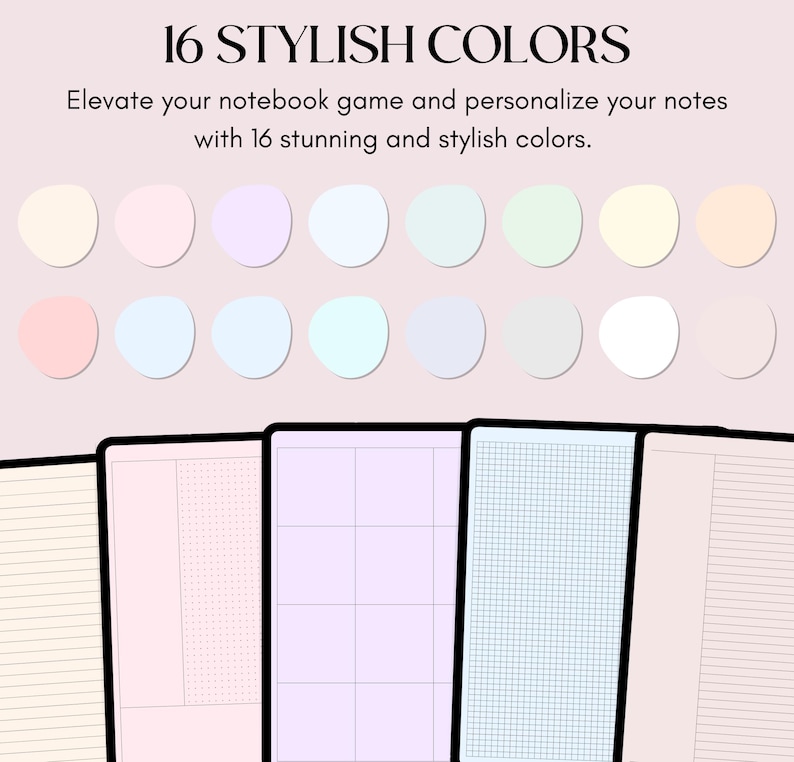 May include: A set of 16 colorful notebook covers with different patterns, including lined, grid, and dotted. The covers are displayed in a row with a circle of each color above them. The text "16 STYLISH COLORS" is at the top of the image.  "Elevate your notebook game and personalize your notes with 16 stunning and stylish colors." is below the color circles.