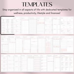 May include: A digital template set with a pink and white color scheme. The templates are designed for wellness, productivity, lifestyle, and finances. The word "TEMPLATES" is at the top of the image.