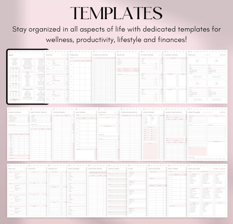 May include: A digital template set with a pink and white color scheme. The templates are designed for wellness, productivity, lifestyle, and finances. The word "TEMPLATES" is at the top of the image.