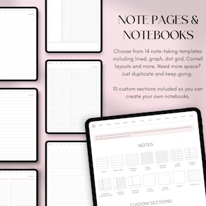 May include: Digital notebooks with various templates, including lined, graph, and dot grid, are displayed. The image showcases a selection of digital note pages and notebooks, with the text "NOTE PAGES & NOTEBOOKS" at the top.