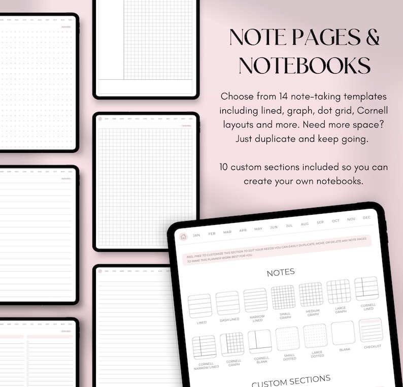 May include: Digital notebooks with various templates, including lined, graph, and dot grid, are displayed. The image showcases a selection of digital note pages and notebooks, with the text "NOTE PAGES & NOTEBOOKS" at the top.