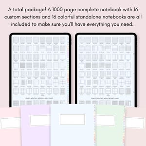 May include: Two digital screens displaying a variety of notebook page layouts. The screens are labeled "Yearly, Monthly, Weekly & Daily Pages". Below the screens are four colorful notebooks with blank covers.