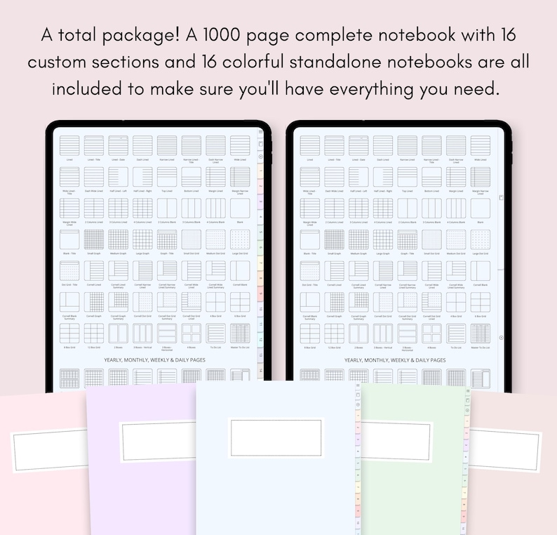 May include: Two digital screens displaying a variety of notebook page layouts. The screens are labeled "Yearly, Monthly, Weekly & Daily Pages". Below the screens are four colorful notebooks with blank covers.
