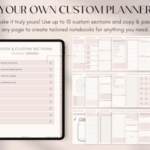 May include: Digital planner with custom sections, including a glow-up journey, personal budget planner, and gratitude journal. The planner's text reads "YOUR OWN CUSTOM PLANNER" and "NOTES & CUSTOM SECTIONS". The planner is displayed on a tablet.
