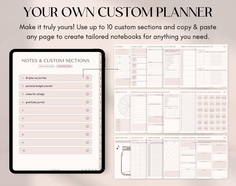 May include: Digital planner with custom sections, including a glow-up journey, personal budget planner, and gratitude journal. The planner's text reads "YOUR OWN CUSTOM PLANNER" and "NOTES & CUSTOM SECTIONS". The planner is displayed on a tablet.