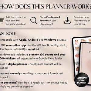 May include: A digital planner advertisement with the text "HOW DOES THIS PLANNER WORK?" and "ULTIMATE DIGITAL PLANNER". The image includes a tablet displaying a planner cover and a list of features, including compatibility with various devices and a large number of covers and stickers.