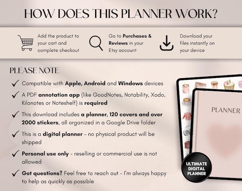 May include: A digital planner advertisement with the text "HOW DOES THIS PLANNER WORK?" and "ULTIMATE DIGITAL PLANNER". The image includes a tablet displaying a planner cover and a list of features, including compatibility with various devices and a large number of covers and stickers.