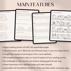 Diario de lectura digital, rastreador de libros digitales para GoodNotes, registro de lectura digital para iPad y Android, estantería digital, planificador de lectura de retratos imagen 2