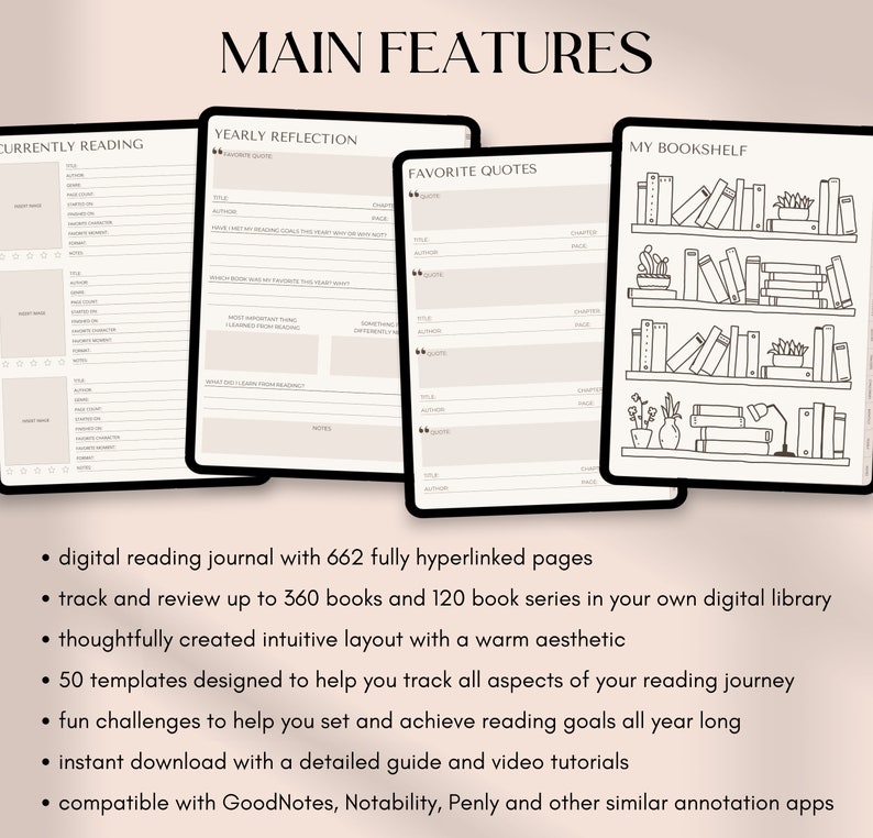 Digitales Lesetagebuch, digitaler Buch-Tracker für GoodNotes, digitales Leseprotokoll für iPad und Android, digitales Bücherregal, Porträt-Leseplaner Bild 2