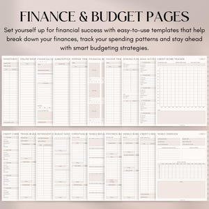 May include: A planner with the text "FINANCE & BUDGET PAGES" features templates for financial tracking. The pages include sections for investments, online shopping, expenses, and credit score tracking. The planner is designed to help users manage their finances.