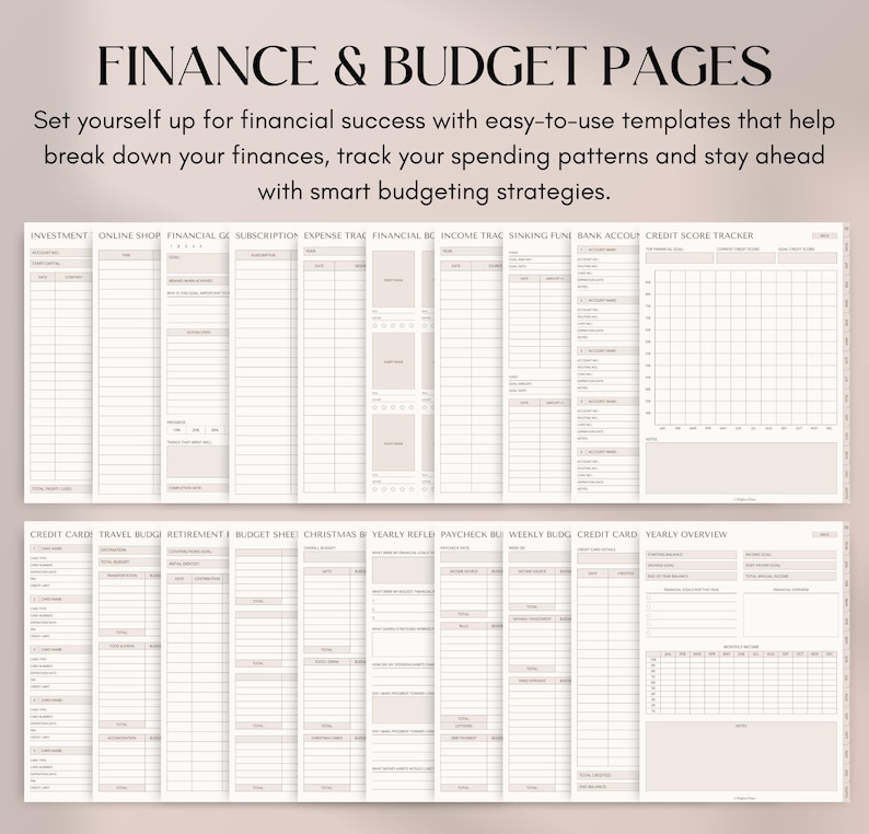 May include: A planner with the text "FINANCE & BUDGET PAGES" features templates for financial tracking. The pages include sections for investments, online shopping, expenses, and credit score tracking. The planner is designed to help users manage their finances.