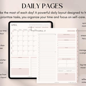 May include: A digital planner with the text "DAILY PAGES" and "APRIL" displayed. The planner features a calendar view and a daily layout with sections for priorities, to-do lists, and notes. The design is minimalist with a focus on time management and self-care.