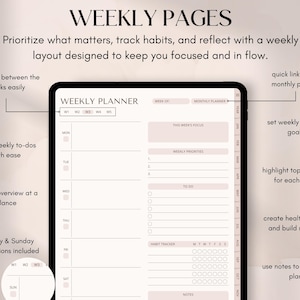 May include: A digital weekly planner displayed on a tablet. The screen shows a layout with sections for weekly priorities, to-do lists, and habit tracking. The text "WEEKLY PAGES" is at the top, with additional text describing the planner's features.