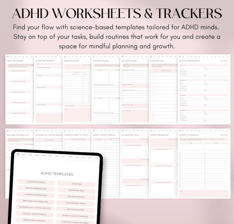 May include: ADHD worksheets and trackers with templates for mindful planning and growth. The image shows a tablet displaying "ADHD TEMPLATES" and several pages with pink and white layouts for task management and self-reflection.