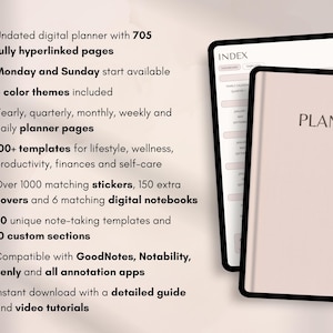 May include: Digital planner with a light pink cover and the word "PLANNER" in the center. The planner includes 705 hyperlinked pages, 6 color themes, and over 100 templates. It is compatible with GoodNotes, Notability, and Penly.