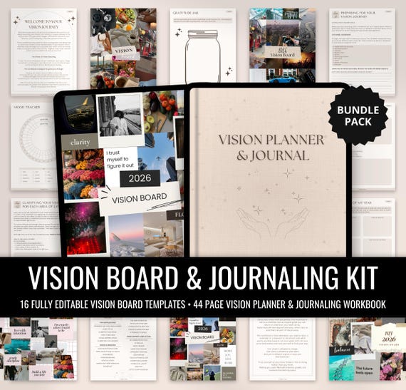 2026 Vision Board & Journaling Kit, Manifestation Journal, Digital Vision Board, Guided Journaling Workbook, Editable Dream Board 2026, 2027