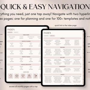 May include: Two digital tablets displaying a digital planner interface with the text "QUICK & EASY NAVIGATION". The interface includes sections for planning, templates, and notes, with links for easy navigation. The color scheme is white and light pink.