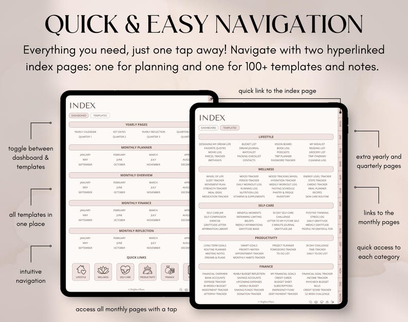 May include: Two digital tablets displaying a digital planner interface with the text "QUICK & EASY NAVIGATION". The interface includes sections for planning, templates, and notes, with links for easy navigation. The color scheme is white and light pink.