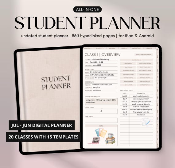 Student Planner, Digital Academic Planner, College Planner, Study Planner, Undated GoodNotes iPad Planner, School Planner, Android Calendar