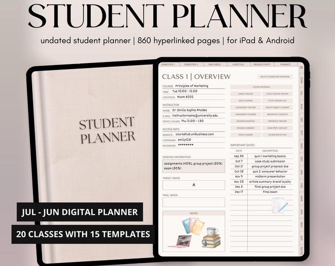 Student Planner, Digital Academic Planner, College Planner, Study Planner, Undated GoodNotes iPad Planner, School Planner, Android Calendar