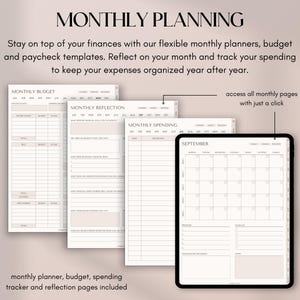 May include: Digital monthly planner with budget, spending, and reflection pages. The planner includes a calendar view for September and is designed to help users track expenses and stay organized. The text on the image reads "MONTHLY PLANNING".
